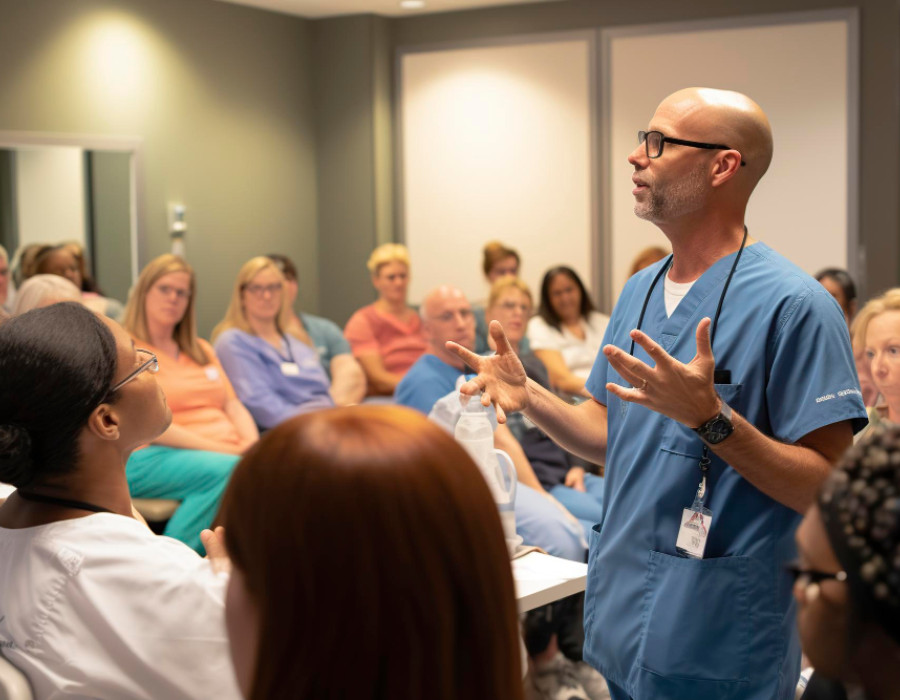Healthcare professional leading a training session with a group of clinicians in a hospital setting.