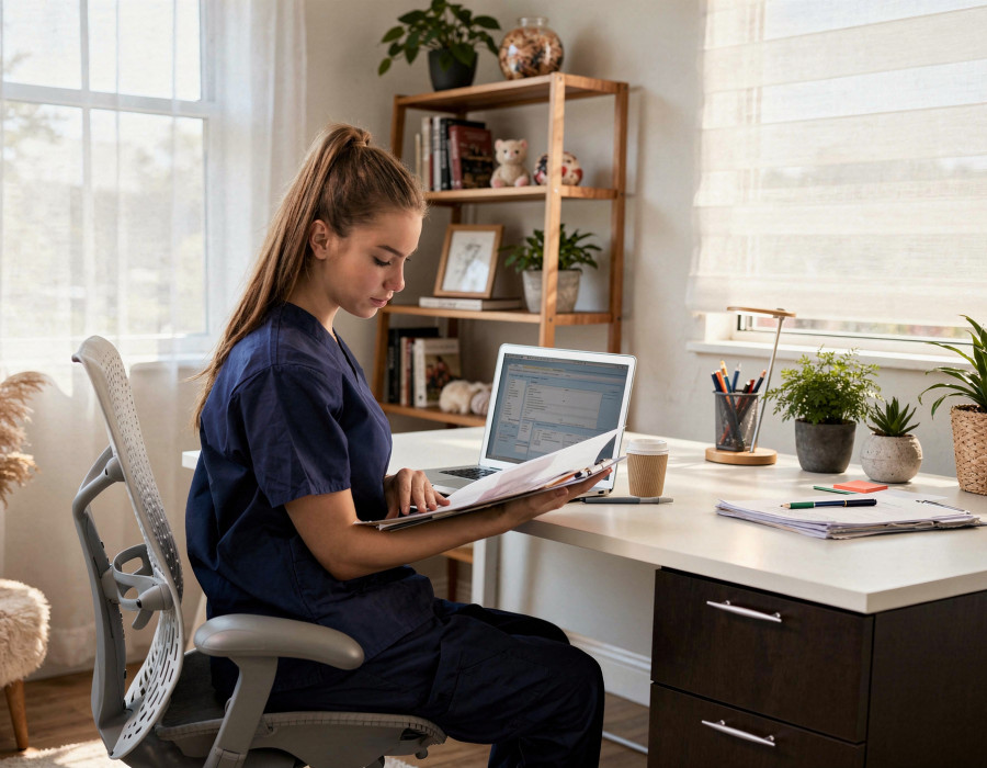 Nurse in scrubs working from home on a laptop while reviewing patient information, representing remote nursing jobs and telehealth roles