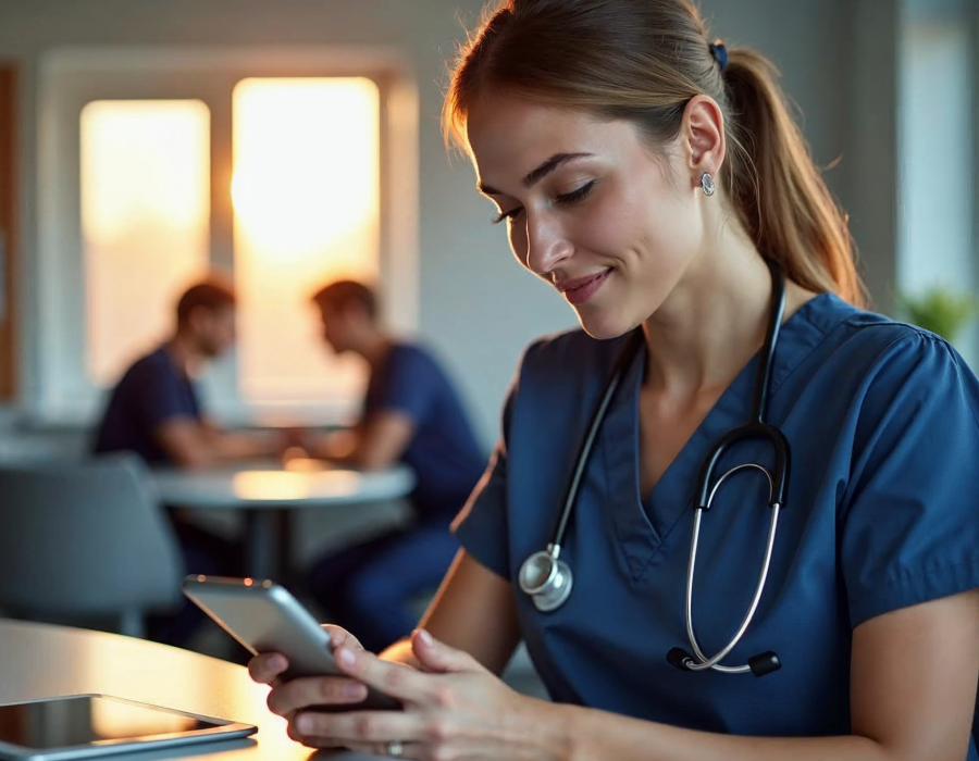 Nurse in scrubs sitting at a hospital workstation looking at a smartphone, with a clinical environment and colleagues in the background, representing the impact of social media on nursing careers