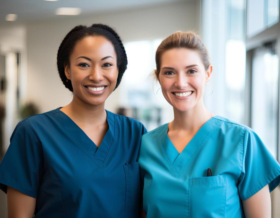 Two nurses in scrubs smiling in a hospital hallway representing career growth and job mobility in nursing