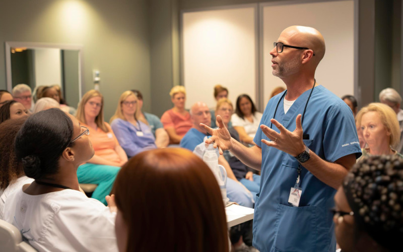 Healthcare professional leading a training session with a group of clinicians in a hospital setting.