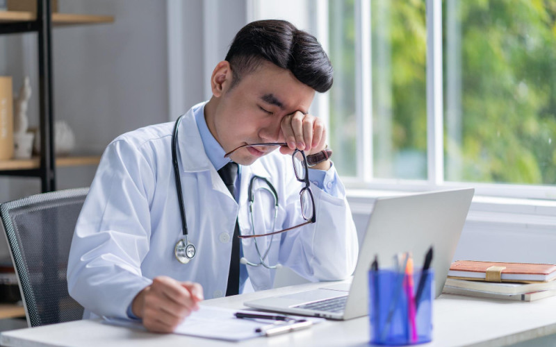 Healthcare provider sitting at a desk looking fatigued while reviewing work on a laptop, representing burnout and career stress