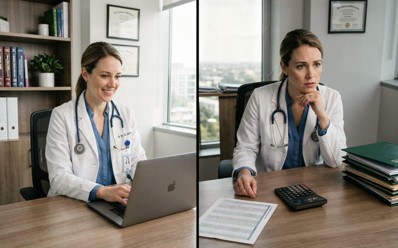 Split image of a physician working confidently on one side and looking concerned while reviewing finances on the other, illustrating financial stress despite professional success
