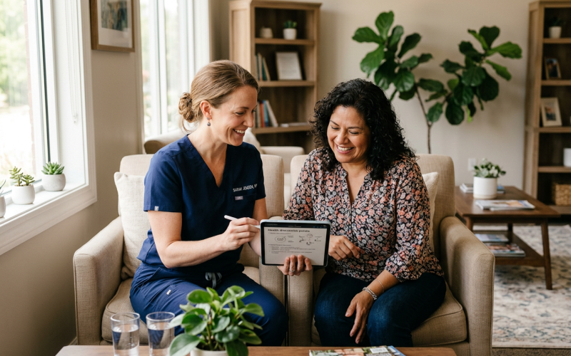 Nurse practitioner in scrubs sitting beside a patient in a comfortable, home-like setting, reviewing health information together on a tablet during a collaborative coaching session.