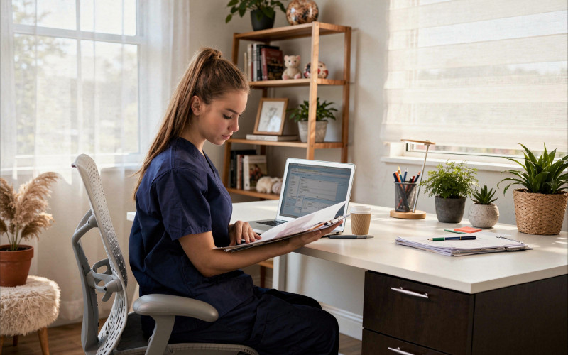 Nurse in scrubs working from home on a laptop while reviewing patient information, representing remote nursing jobs and telehealth roles