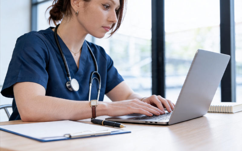 Nurse in scrubs working on a laptop at a desk, studying or completing professional development related to specialty certification.