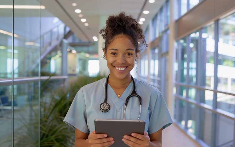 Smiling healthcare professional in scrubs holding a tablet in a bright hospital hallway, wearing a stethoscope and looking confident.