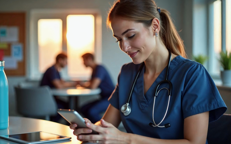 Nurse in scrubs sitting at a hospital workstation looking at a smartphone, with a clinical environment and colleagues in the background, representing the impact of social media on nursing careers