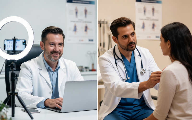 Split image showing a doctor recording a social media video with a ring light on one side and the same doctor interacting with a patient in a clinical setting on the other, highlighting the contrast between online influence and real patient care