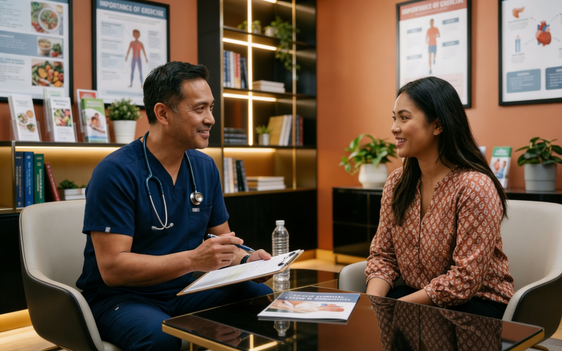 Nurse practitioner or physician assistant sitting with a patient discussing health in a calm clinic setting focused on lifestyle and preventive care