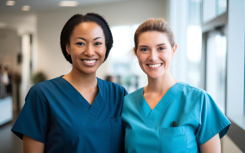 Two nurses in scrubs smiling in a hospital hallway representing career growth and job mobility in nursing